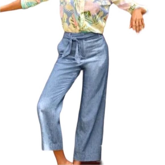 Talbots NWT 100% Linen High Rise Waist Tie Chambray Wide Leg Pants - Picture 1 of 7